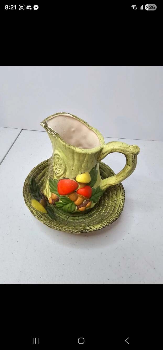 Vintage 1970s Byron Mold Ceramic Mushroom & Tree Stump Small Pitcher w Basin Set